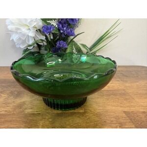 Vintage Green Glass Pedestal Bowl Mid‎ Century Planter Centerpiece Retro Glass